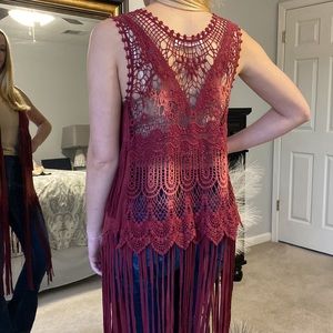 Ombré 2 Color Crocheted Open Vest with Dramatic Fringe